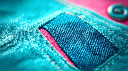 Closeup Teal Denim Fabric Texture with Pink Detail