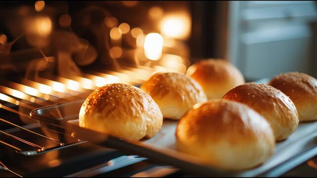 Baking fresh bread rolls in an oven