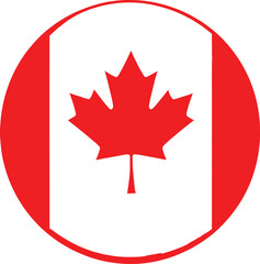 Obraz premium Circular Canadian Flag Icon – Red Maple Leaf with Vertical Bars in Round Frame for Canada Day, National Identity, and Patriotic Design Projects