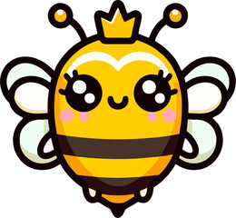 Cute Queen Bee Cartoon Illustration – Kawaii Vector Mascot with Crown and Big Eyes