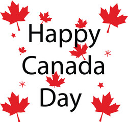 Happy Canada Day Typography with Red Maple Leaves – Festive Black and Red Design for National Holiday Celebrations, Posters, and Social Media Graphics