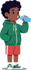 Fototapeta premium Boy drinking water from bottle in green hoodie and red shorts vector illustration 