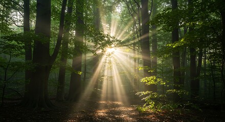 Fototapeta premium Morning light rays piercing through forest trees