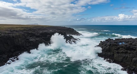 Fototapeta premium Ocean waves crashing against rugged cliffs