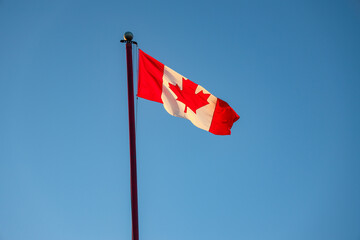 Canada Flag flagging in a withstand with blue sky in the background