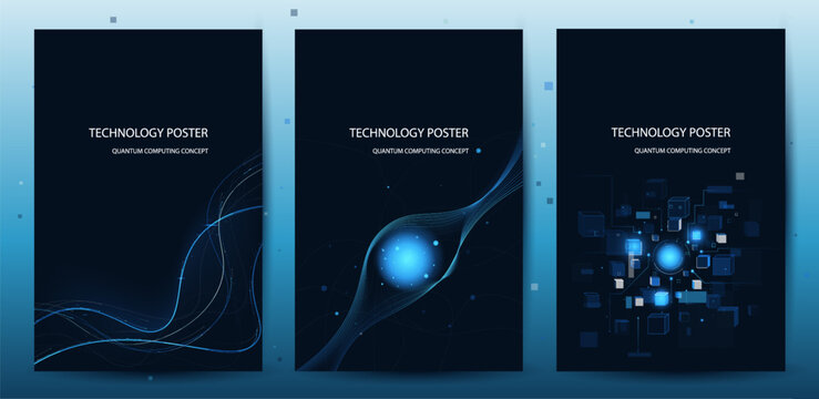 Quantum Computing Concept Posters. Qubits Processing Power Technology Background for Tech event poster