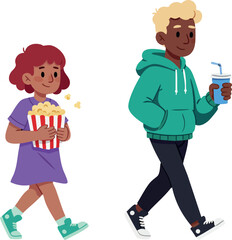 Children walking with popcorn and drink casual clothing vector illustration 