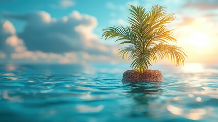 Obraz premium Small palm tree on a rock in a calm ocean at sunrise
