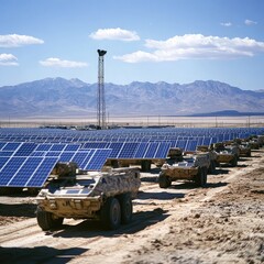Military base integrating electric vehicles, solar training centers, zero-waste mess halls, energy audits, and sustainable defense infrastructure for emission reductions