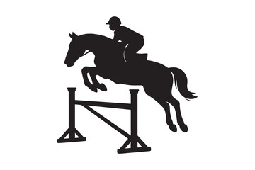 Equine Excellence A Silhouette of a Horse and Rider Gracefully Leaping Over a Jump in a Show Jumping Competition