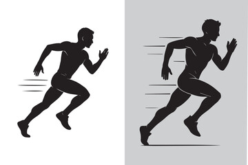Dynamic Silhouette Illustration of a Male Runner in Motion Conveying Speed and Athleticism on a Split White and Gray Background