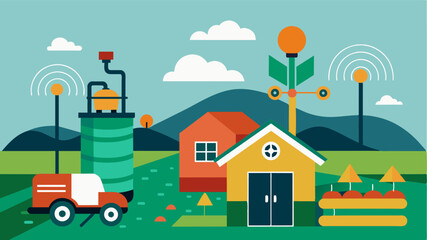 An illustration of a farm equipped with AIdriven predictive maintenance systems where sensors continuously monitor equipment conditions and predict potential failures allowing for. Vector illustration