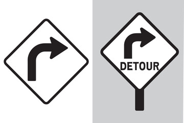 Warning Signage Depicting Directional Guidance and a Detour Indication for Drivers Navigating Road Conditions