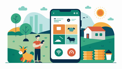 Obraz premium An illustration showing a mobile app that allows farmers to remotely monitor and adjust the feed levels for their animals saving time and resources.. Vector illustration