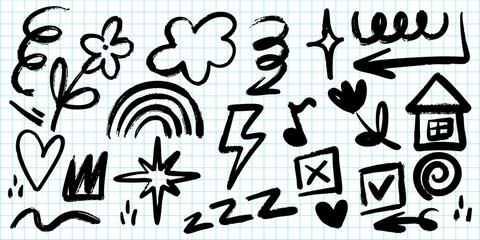 creative collection of hand drawn doodles on grid notebook paper, featuring whimsical sketches such as arrows, hearts, flowers, stars, clouds, rainbows, checkboxes, and musical notes.