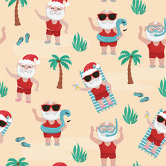Santa holiday seamless pattern. Background with Santa at the beach. 