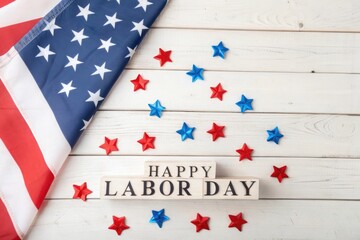 Obraz premium American flag and red blue stars with Happy Labor Day text on white wooden surface