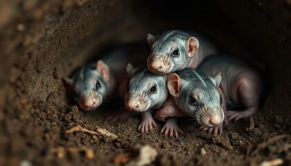 Fototapeta premium a group of naked mole rats huddled together in their burrow