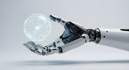 Robotic Hand Gently Holding a Glowing Sphere of Connected Data Nodes