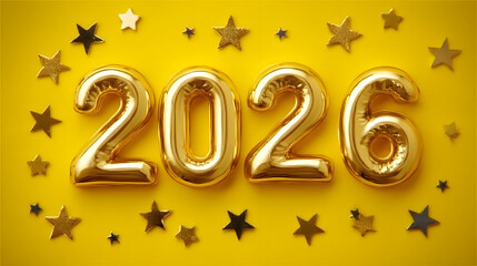 A festive scene with the year 2026 in shiny golden numbers, surrounded by gold and black stars scattered across a vibrant yellow background. Ai Generated Images