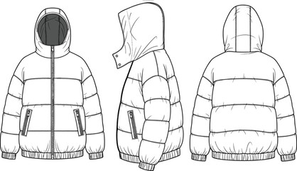 Winter puffer jacket technical flat sketch, front side back view, fashion cad drawing, hooded coat vector, apparel design illustration