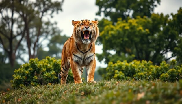 a liger standing on a grassy hill, mouth open