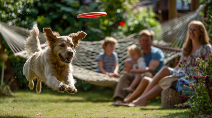 Golden retriever leaps to catch a flying disc while family watches from a hammock in their yard on a sunny day.
