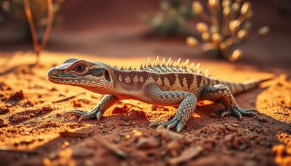 Naklejka premium a thorny devil lizard walking on red desert sand
