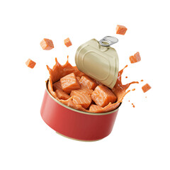 red can of salmon chunks flying food delicious isolated on white background