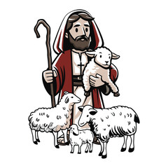 Cartoon Style Illustration Of A Shepherd Holding A Lamb With A Staff Accompanied By Three Sheep In A White Background