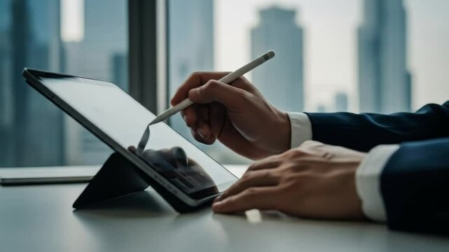 Business professional using digital tablet with stylus pen in modern office environment with cityscape view