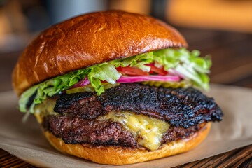 Juicy grilled cheeseburger with lettuce and onions on a brioche bun