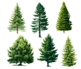 Fototapeta premium Pixel Art Evergreen Trees Six Green Conifers on White