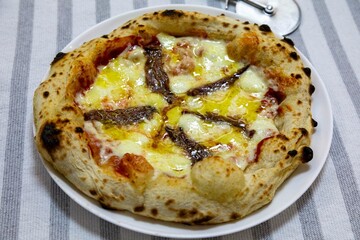 The most authentic Neapolitan pizza with anchovies, anchovies from the Mediterranean Sea, extra virgin olive oil and buffalo mozzarella cheese