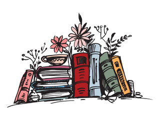 Books and coffee on the shelf. Book lover