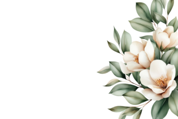 White flower with green leaves is the main focus of the image, isolated