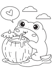 Coloring book frog drinking coconut water on beach.