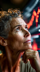 Woman contemplating financial data, observes a fluctuating market trend, hand to chin, with pensive look. 