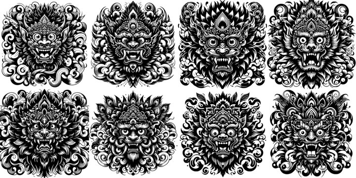 set of eight bold black and white tattoo of a Reog mask with fierce face and ornate feather crown