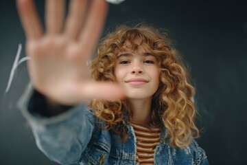 Curly-haired young caucasian female gesturing stop with hand in denim jacket