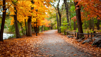 Autumn path lined with golden leaves and trees. The season's charm in full display along a tranquil walkway.