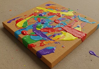 Vibrant abstract paint splatters and drips on a canvas surface