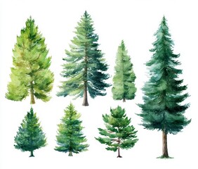 Watercolor Collection of Coniferous Trees Various Green Shades and Sizes