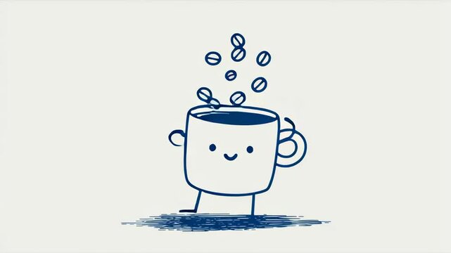 Cute coffee cup smiles. Coffee beans float above.