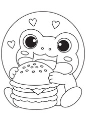 Coloring book frog eating a big hamburger.

