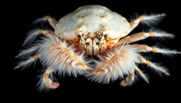 a Yeti Crab, Kiwa hirsuta, dorsal view, creamy white carapace