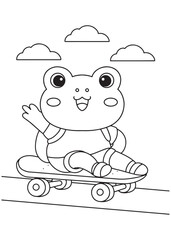 Coloring book frog skateboarding and waving hand.
