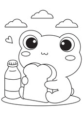 Coloring book frog holding sandwich and drink.
