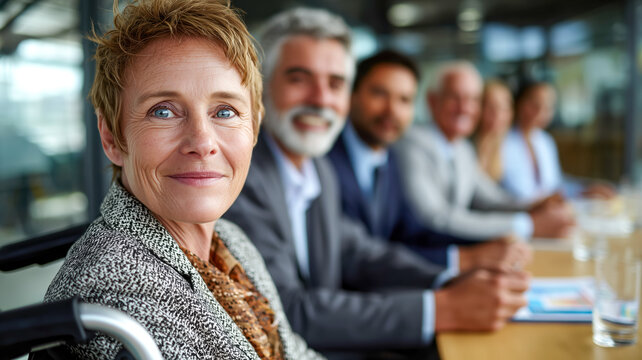 Smiling businesswoman in wheelchair attends a meeting with colleagues, fostering diversity and inclusion in the professional workplace - Powered by Adobe