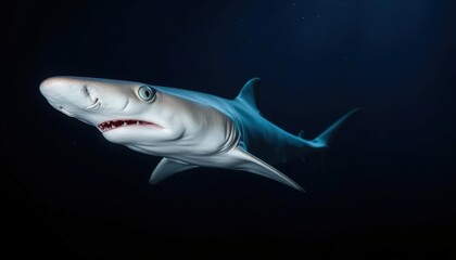 a goblin shark swimming in the deep ocean, pinkish-white skin